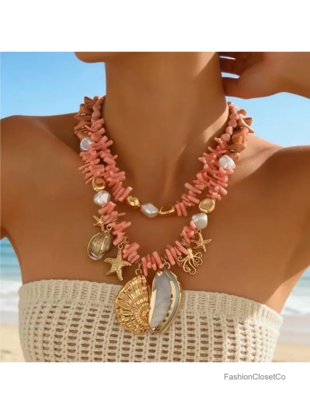 Pink Shell Charm Necklace for Women, Double Layer Irregular Chip Bead Statement
